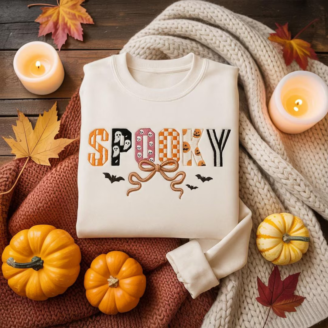 Spooky Coquette Bow Halloween Embroidered Sweatshirt, Retro Spooky Crewneck, Cozy Autumn Pullover... | Etsy (US)