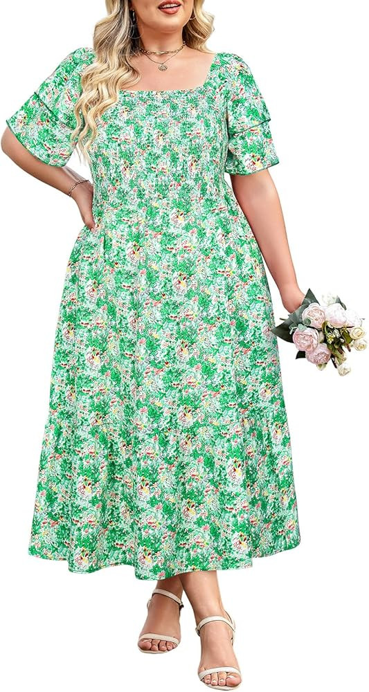 Women's Plus Size Wedding Guest Dresses with Pockets Ruffle Sleeves Square Neck Smocked Woven Mid... | Amazon (US)