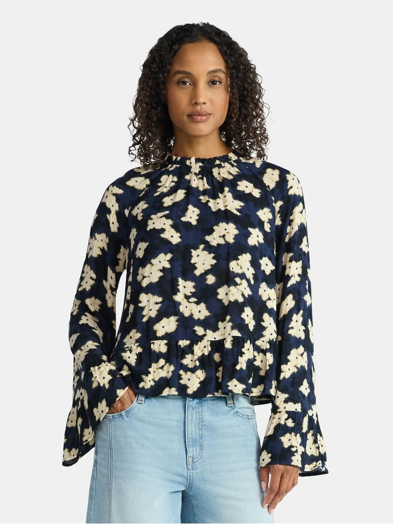 Time and Tru Women's Flowy High Neck Blouse, Size XS-XXXL | Walmart (US)
