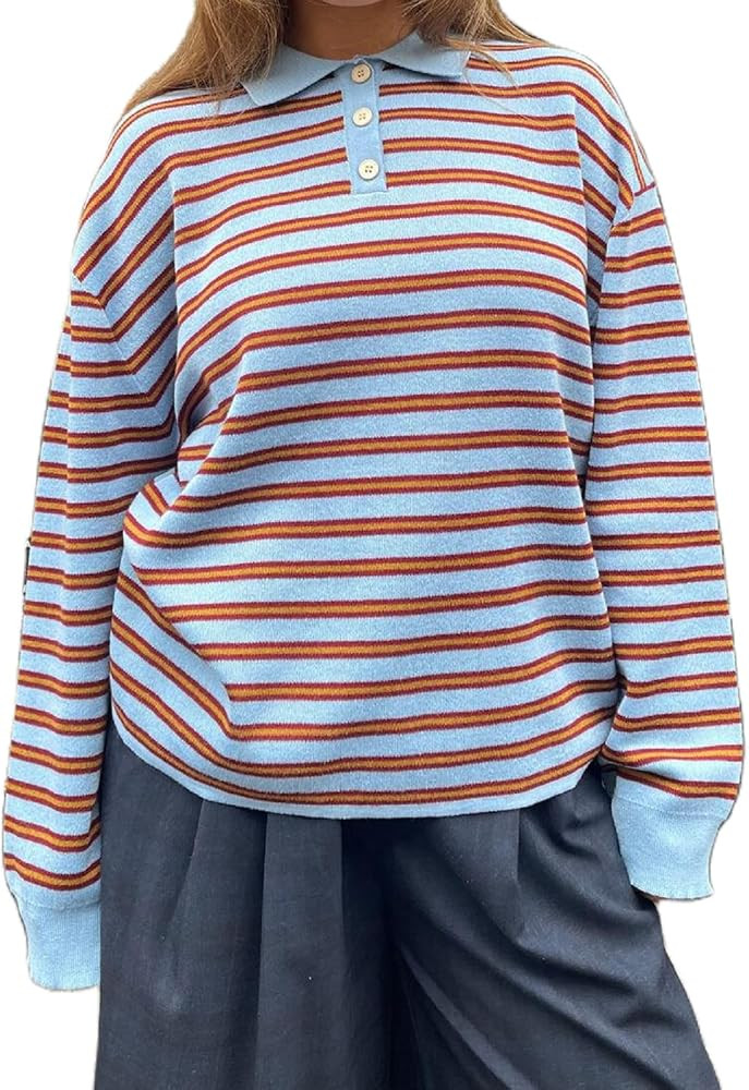 Women Rugby Polo Shirts Oversized Long Sleeve Collared Striped Sweatshirt Y2k Preppy Pullover Top... | Amazon (US)