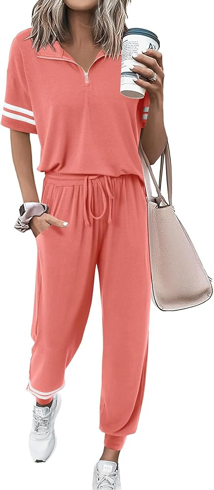 MASCOMODA 2 Piece Outfits for Women 2026 Summer Casual Quarter Zip Short Sleeve Tops Long Pants T... | Amazon (US)