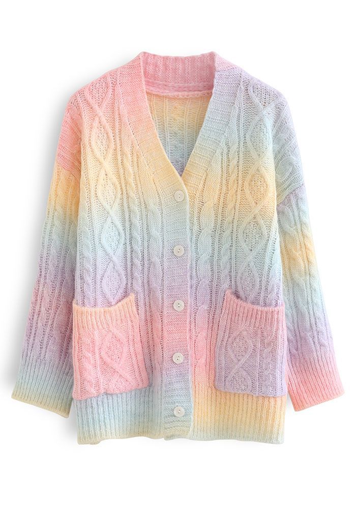 Rainbow Ombre Button Down Cable Knit Cardigan | Chicwish