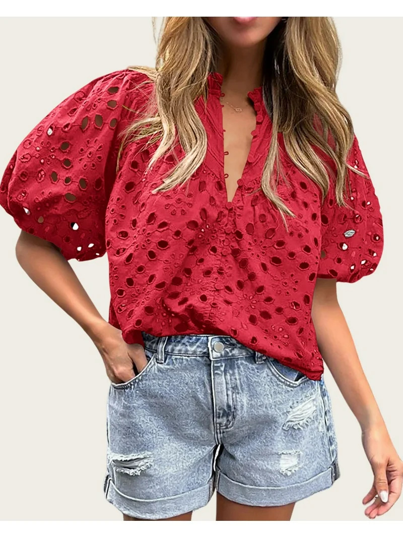 PRETTYGARDEN Women's Summer Tops Dressy Casual Short Lantern Sleeve V Neck Buttons Hollow Out Lac... | Walmart (US)