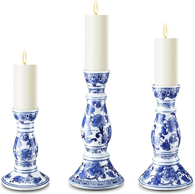 Soaoo Set of 3 Blue and White Porcelain Ceramic Pillar Candle Holder Chinoiserie Pillar Candle Ho... | Amazon (US)