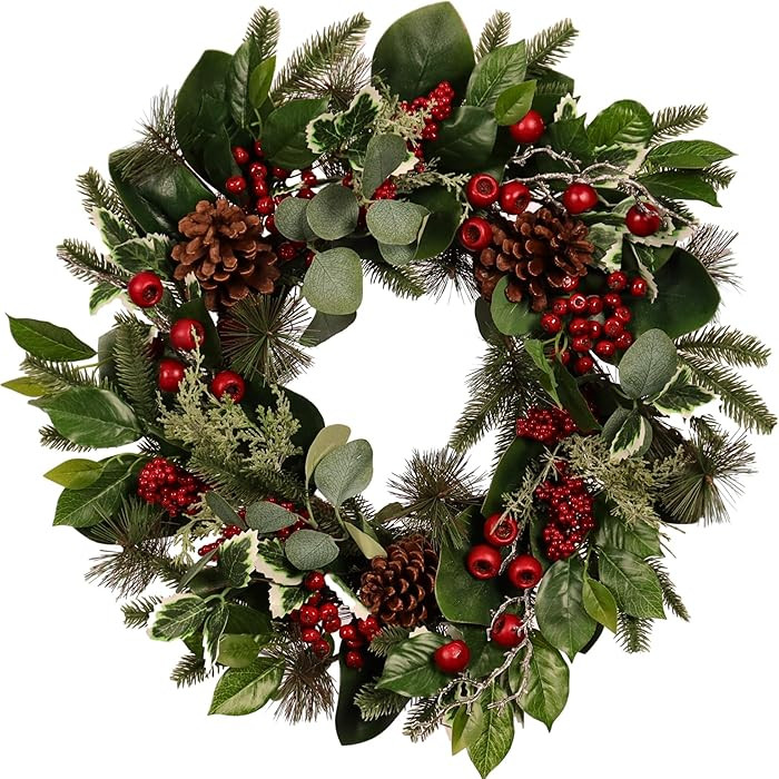 22-Inch Artificial Christmas Wreath with Pinecones, Red Berries, and Magnolia - Holiday Door Wrea... | Amazon (US)