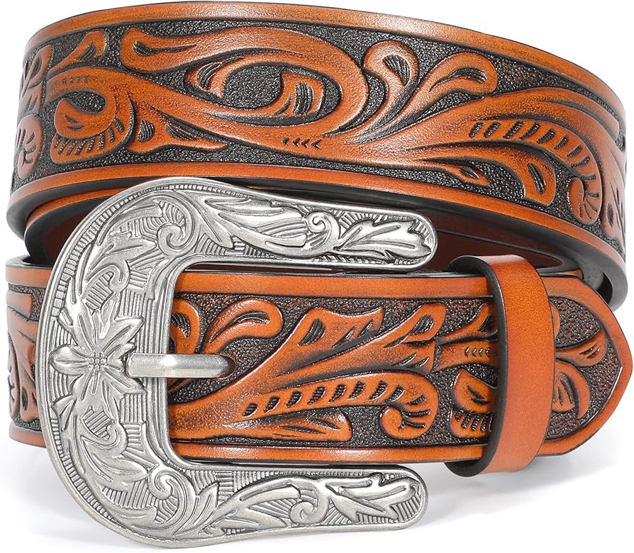 XZQTIVE Women Men Genuine Leather Belt Vintage Ladies Western Belt Engraved Tooled Leather Belt C... | Amazon (US)