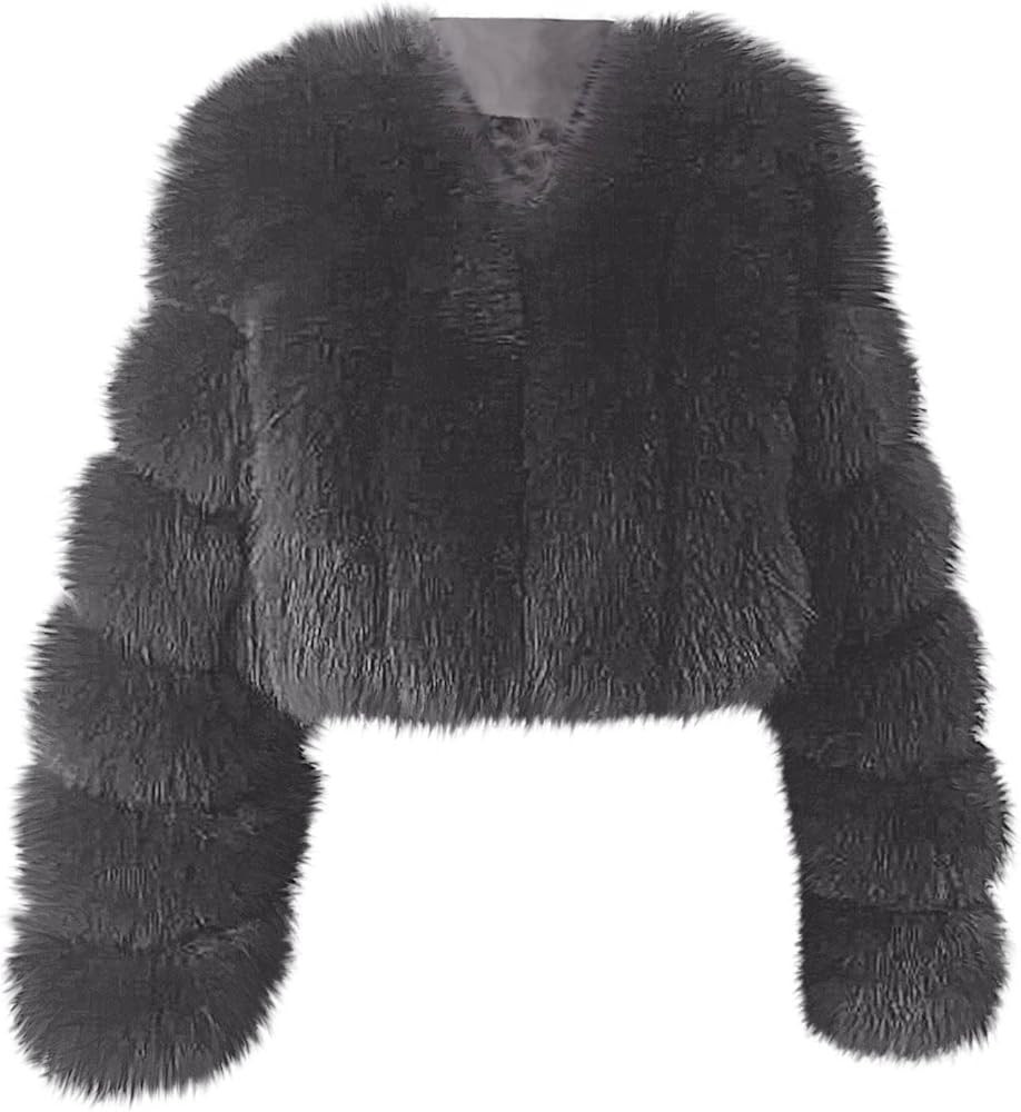 Womens Cropped Faux Fur Jacket Winter Soft Long Sleeve Open Front Fluffy Short Coats Causal Fleec... | Amazon (US)