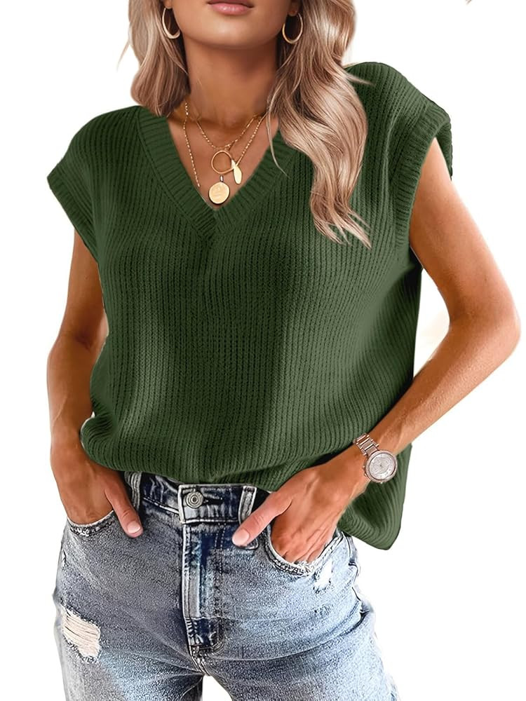 Womens Fall Clothes Winter Tops Fashion 2025 Sweater Vest Women Knit V Neck Cap Sleeve Summer Bus... | Amazon (US)