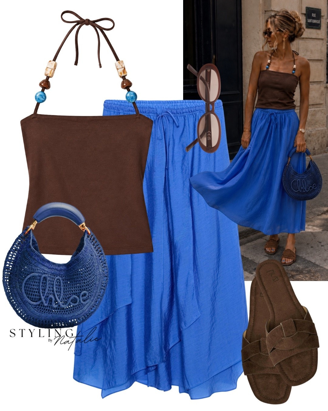Cobalt blue ruffled drawstring skirt, brown halter neck top with beads and Chloe raffia bag and suede brown slides.
@linzi summer outfit, holiday outfit, date night outfit

#LTKuk #LTKsummer #LTKdatenight