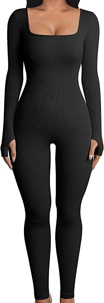 Mioliknya Women Ribbed One Piece Jumpsuits Long Sleeve Square Neck Knit Unitard Bodycon Jumpsuit ... | Amazon (US)