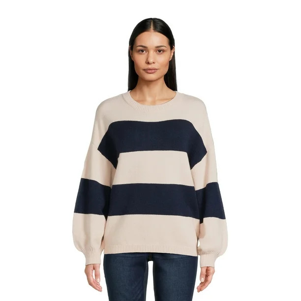 Dreamers By Debut Women's Striped Sweater with Long Puff Sleeves, Mid-Weight | Walmart (US)