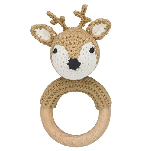 Joliecraft Woodland Friends Baby Rattle Shaker Toy with Wooden Teething Ring in White and Tan Deer | Amazon (US)