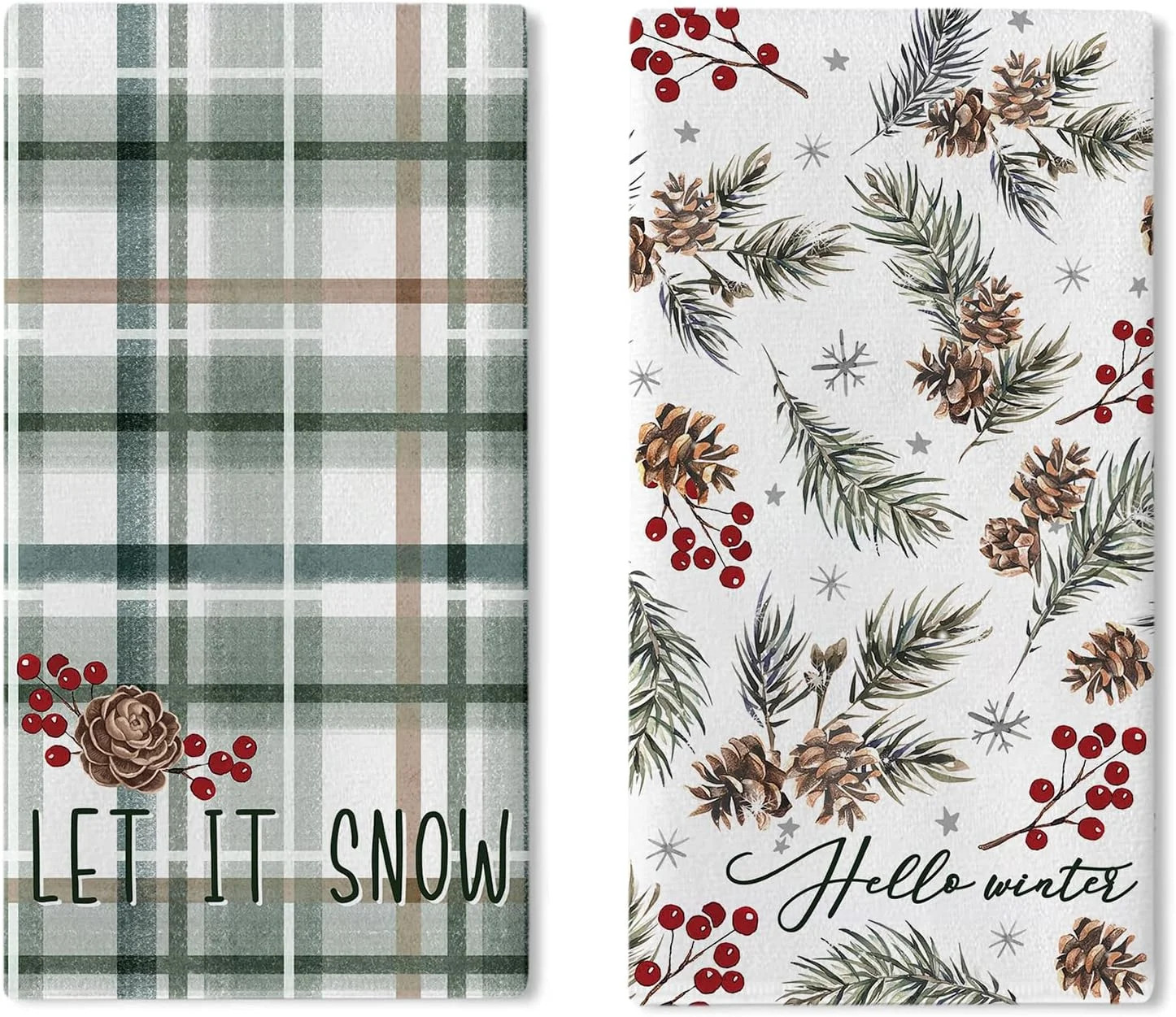 Hello Winter Green Kitchen Dish Towels Set of 2, Let It Snow Pine Cone Pine Needle Red Berry Dryi... | Walmart (US)