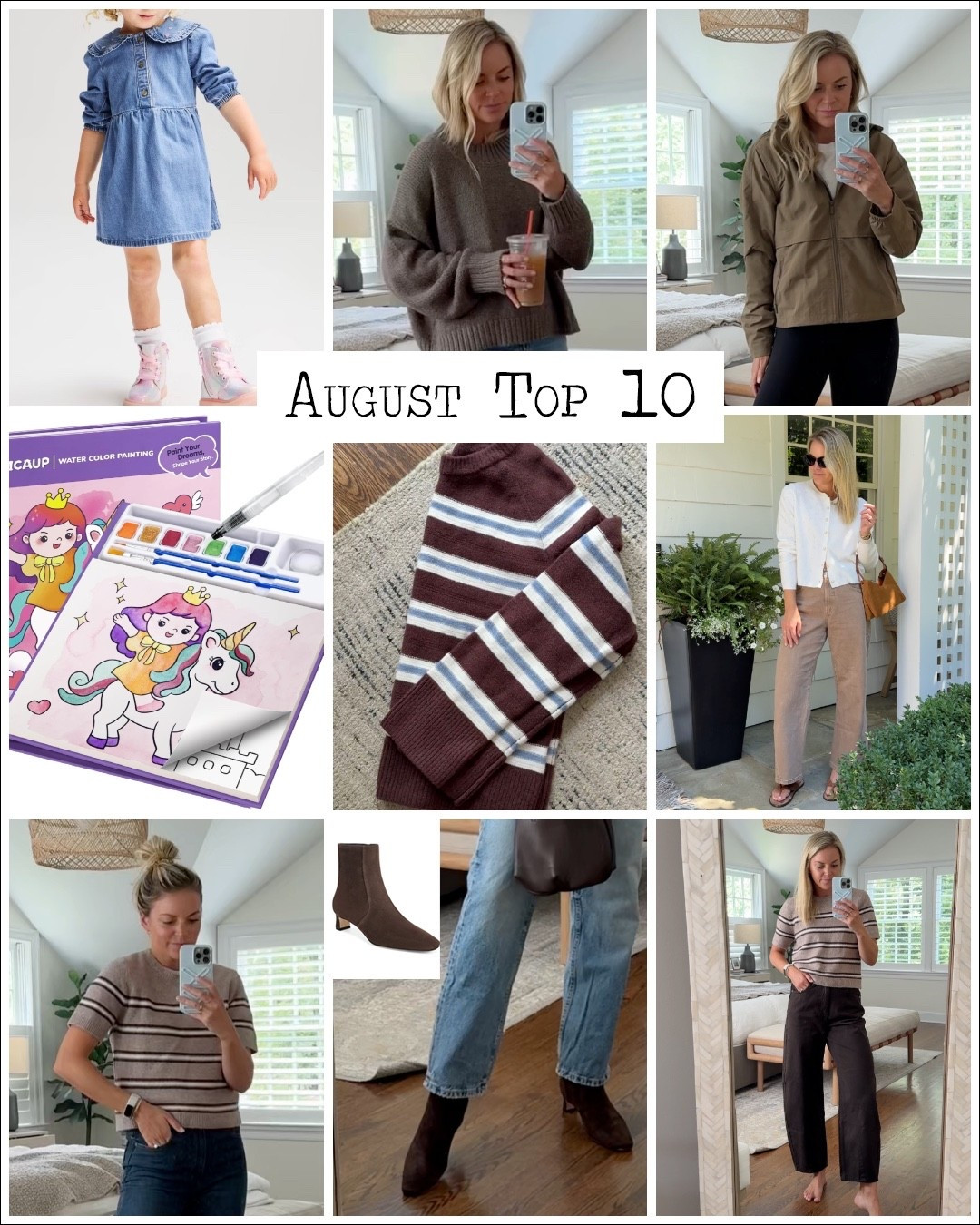 August top 10 follower favorites 
1. $40 chocolate brown barrel jeans. I’m 5’5 and sized up 1 to a 4 (usually a 2/26 in other brands)
2. Halloween mini magnatiles
3. Suede booties, tts 
4. Striped short sleeve sweater tee, size small/tts (better for 5’5 and under)
6. Tan Pistola jeans - fit tts, I’m 5’5 and wear a 26R (use code STYLEDSNAPSHOTS)
7. Kids paint books
8. Quince water repellent rain jacket fits tts- size small 
9. Free People oversized sweater fits tts, wearing a small
10. Toddler girl denim dress + boots

#LTKKids #LTKSaleAlert