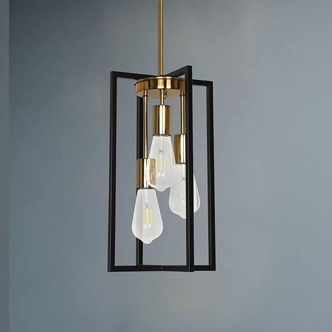 Modern Industrial Farmhouse Pendant Lighting , Rectangle Black & Brass Chandelier, Hanging Light ... | Amazon (US)