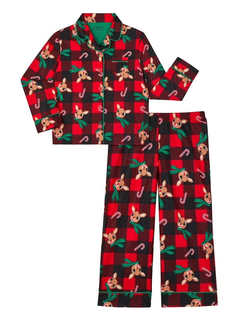 Rudolph Girls Notch Collar Top and Sleep Pants Pajama Set, 2-Piece, Sizes 4-16 | Walmart (US)