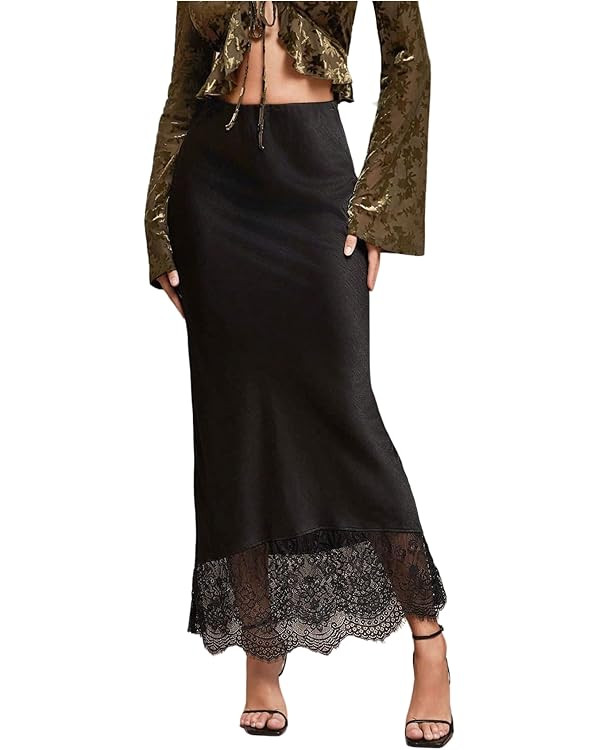 MakeMeChic Women's Satin Lace Maxi Skirt Silk High Waist Fishtail Long Skirts | Amazon (US)