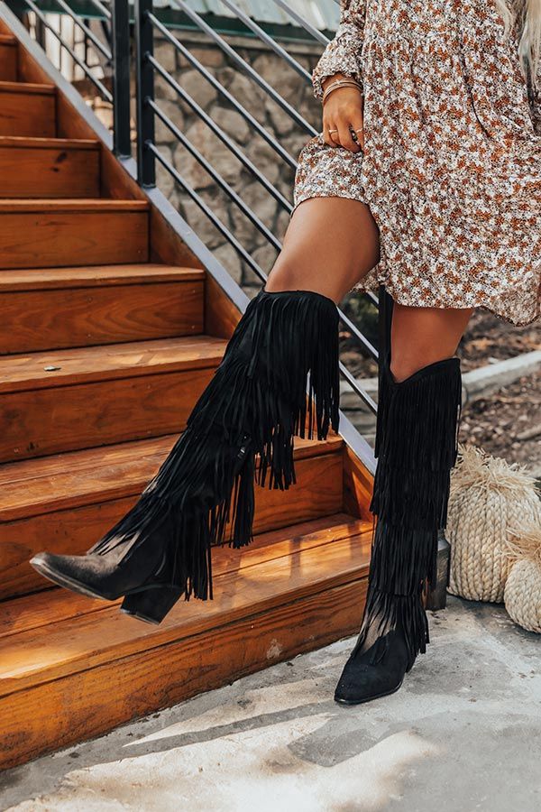 The Doss Knee High Fringe Boot In Black | Impressions Online Boutique
