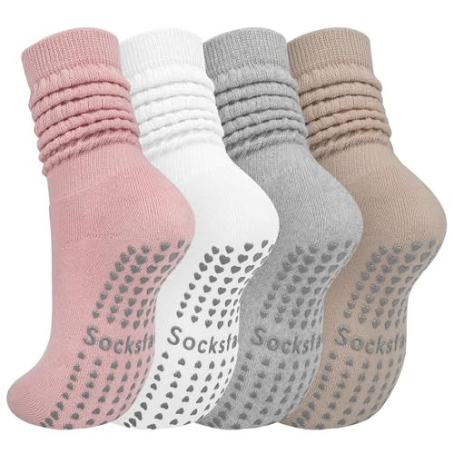 4 Pairs Grip Pilates Socks for Women Yoga Scrunch Slouch Non Slip Long Socks with Grippy Pilates Barre Workout Slipper 5-9 | Amazon (US)