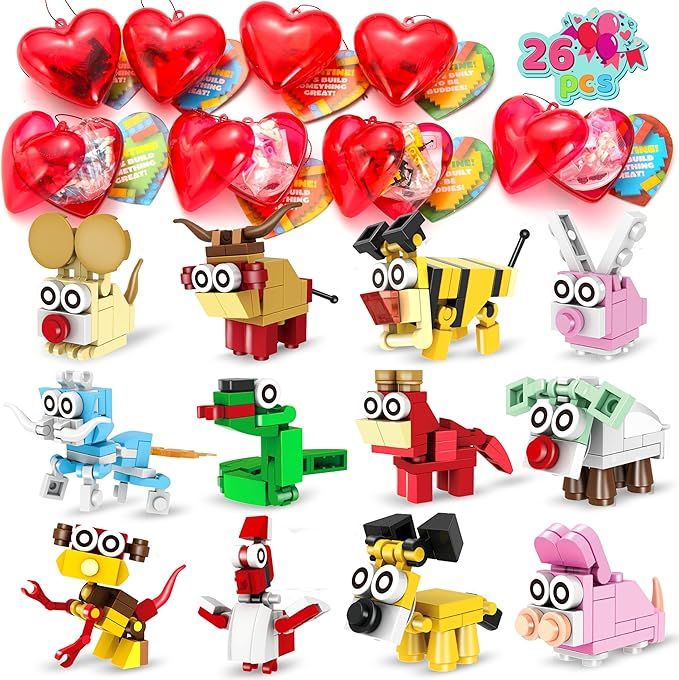 JOYIN 26 Packs Valentines Day Prefilled Hearts with Valentine Cards Filled with Animal Building B... | Amazon (US)
