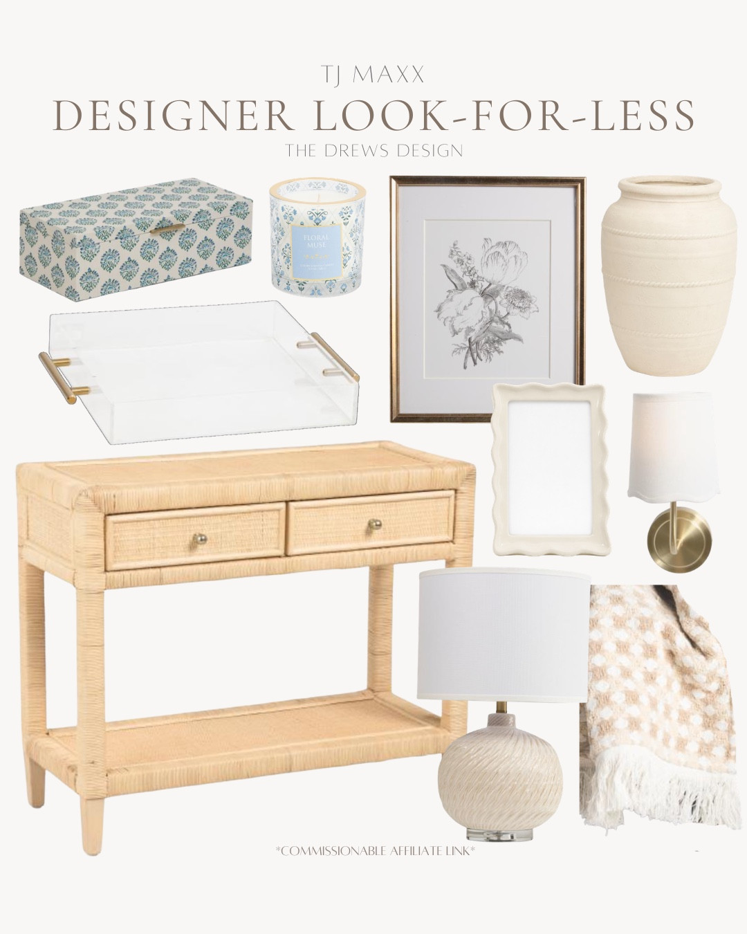 TJ Maxx looks for less includes throw blanket, table lamp, console, frame, sconce, vase, wall art, candle, decorative box, tray.

Home decor, home accents, looks for less, spring home

#LTKHome #LTKSeasonal #LTKSaleAlert