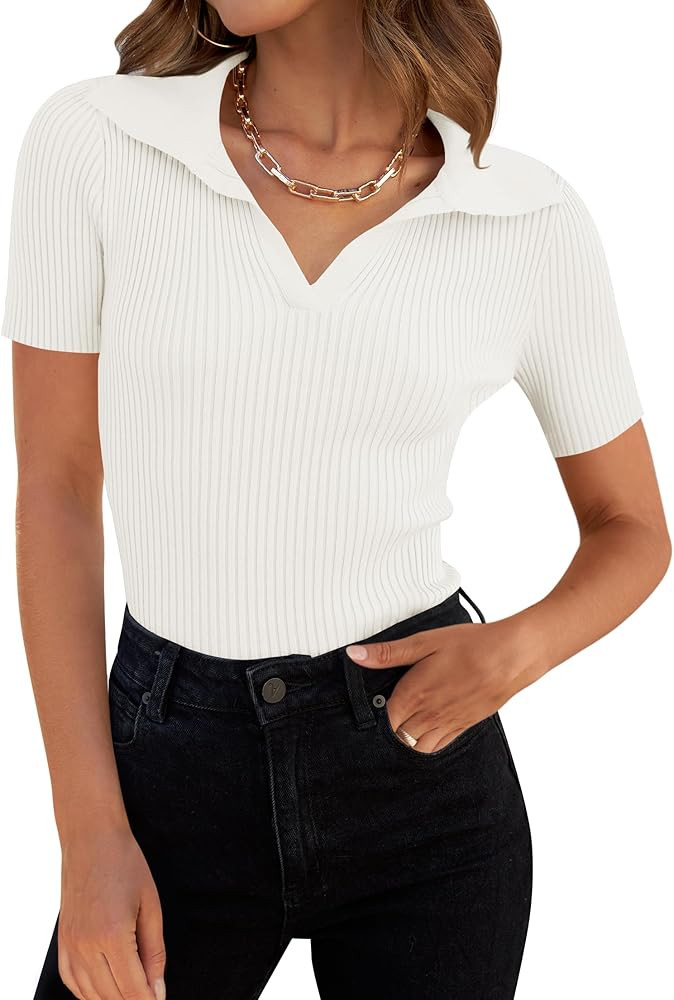 ZESICA Women's Short Sleeve V Neck T Shirts 2024 Summer Ribbed Knit Slim Fitted Basic Solid Color... | Amazon (US)