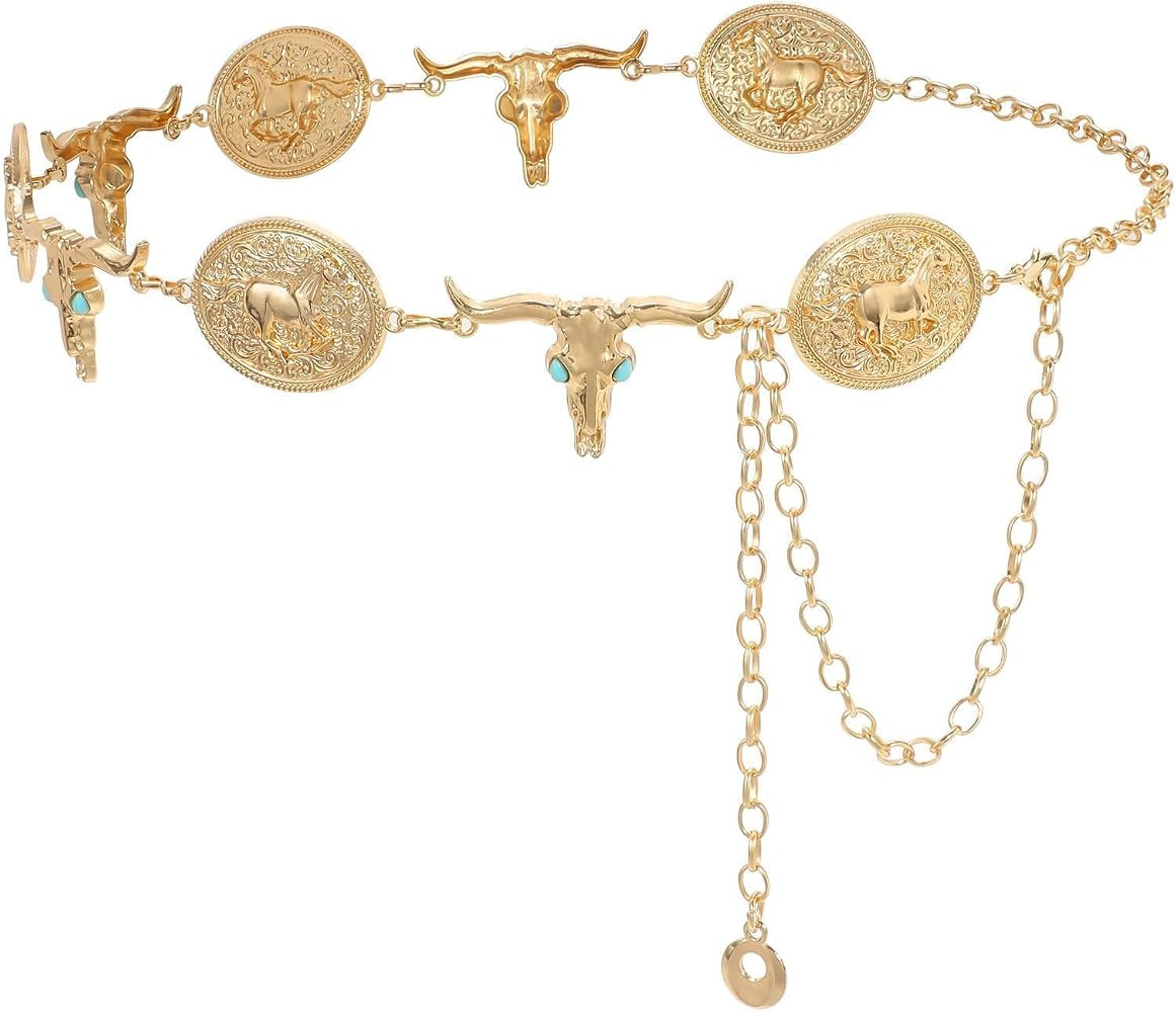 Western Metal Concho Belt for Women Vintage Cowgirl Boho Turquoise Chain Belts for Dresses Jeans | Amazon (US)