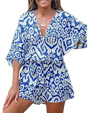 CUPSHE Women's Lace Up Leopard Print Romper Short Sleeves Jumpsuits Wide leg Outfit | Amazon (US)