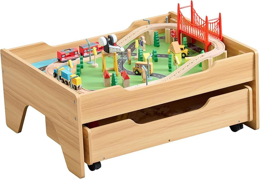 Train Table, 3-in-1 Wooden Kids Train Table with Storage Drawer, Rolling Kids Activity Table with... | Amazon (US)