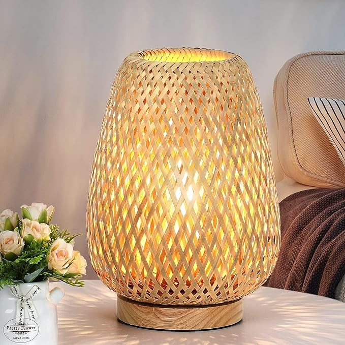 Rattan Table Lamp, Stepless Dimmable Small Beside Lamp, Vintage Wicker Wooden Nightstand Boho Bam... | Amazon (US)