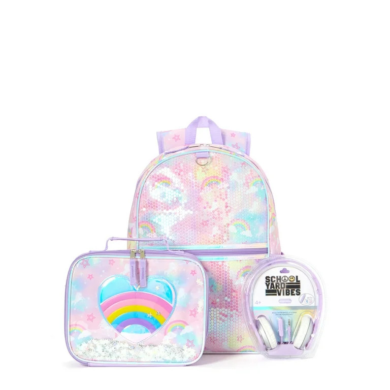 Schoolyard Vibes Heart Rainbows Girls 16" 3 Piece Headphone with Lunch Kids Backpack Set, Pink | Walmart (US)