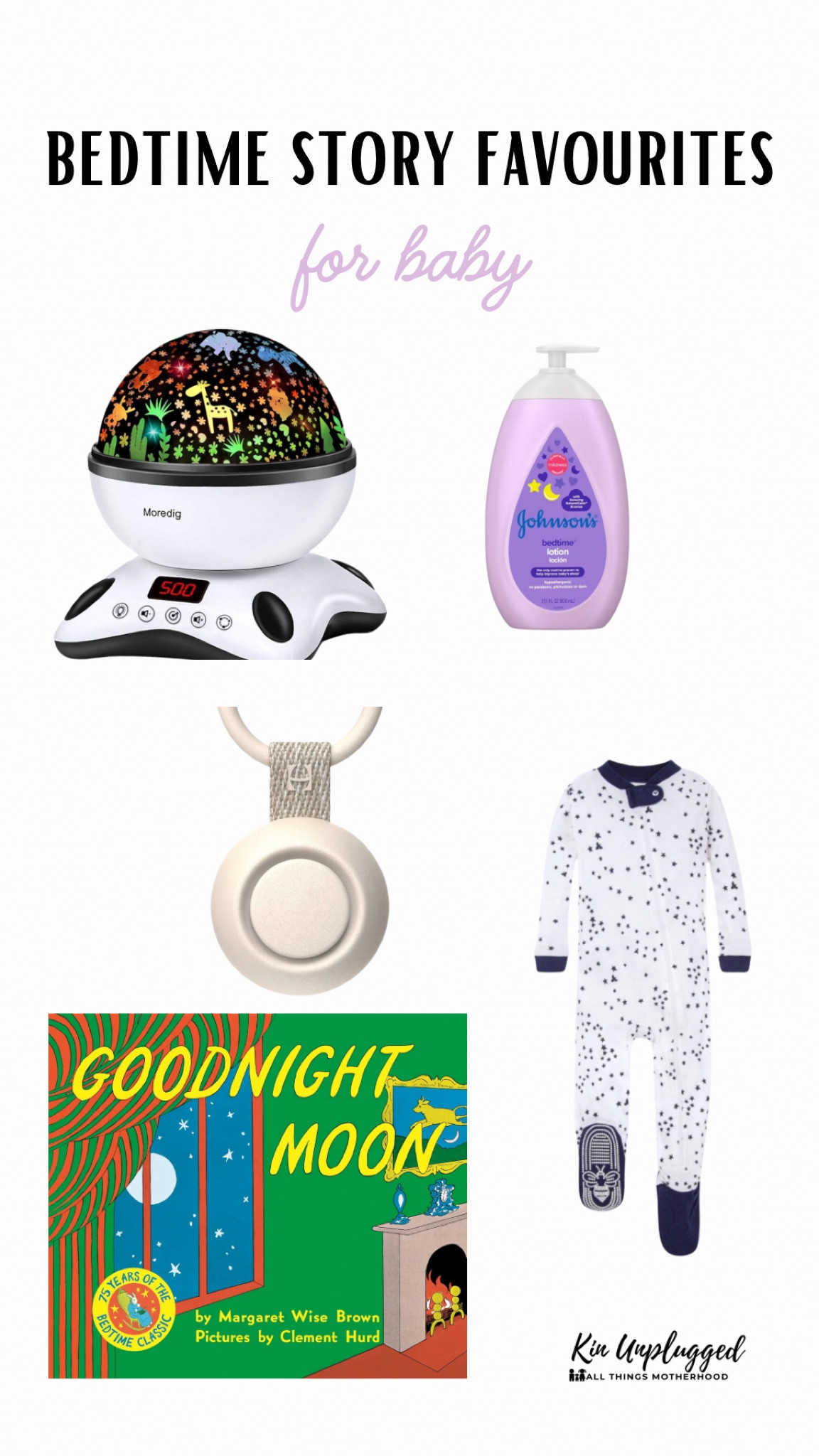 Create the perfect cozy bedtime routine for your little one with these must-have products! From the soft and breathable Burt’s Bees Baby Unisex Pajamas to the soothing classic “Goodnight Moon” storybook, these items ensure a peaceful night’s sleep. The Moredig Night Light Projector transforms the room with calming star and moon patterns, while Johnson’s Bedtime Baby Lotion, infused with relaxing NaturalCalm aromas, helps your child unwind. Complete the setup with the Hatch Rest+ Sound Machine, providing customizable white noise and night light settings for the ultimate restful environment. Sweet dreams are just a routine away!

#LTKBaby #LTKFamily