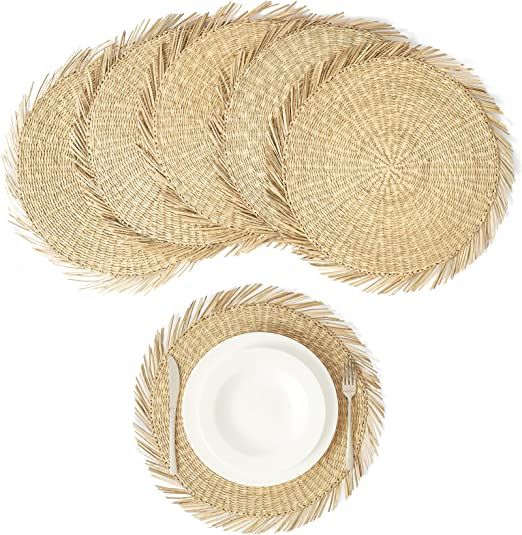 Artera Set of 6 Oversized Round Seagrass Placemat, 15" Round, Woven Table Mats, No-Slip Natural H... | Amazon (US)