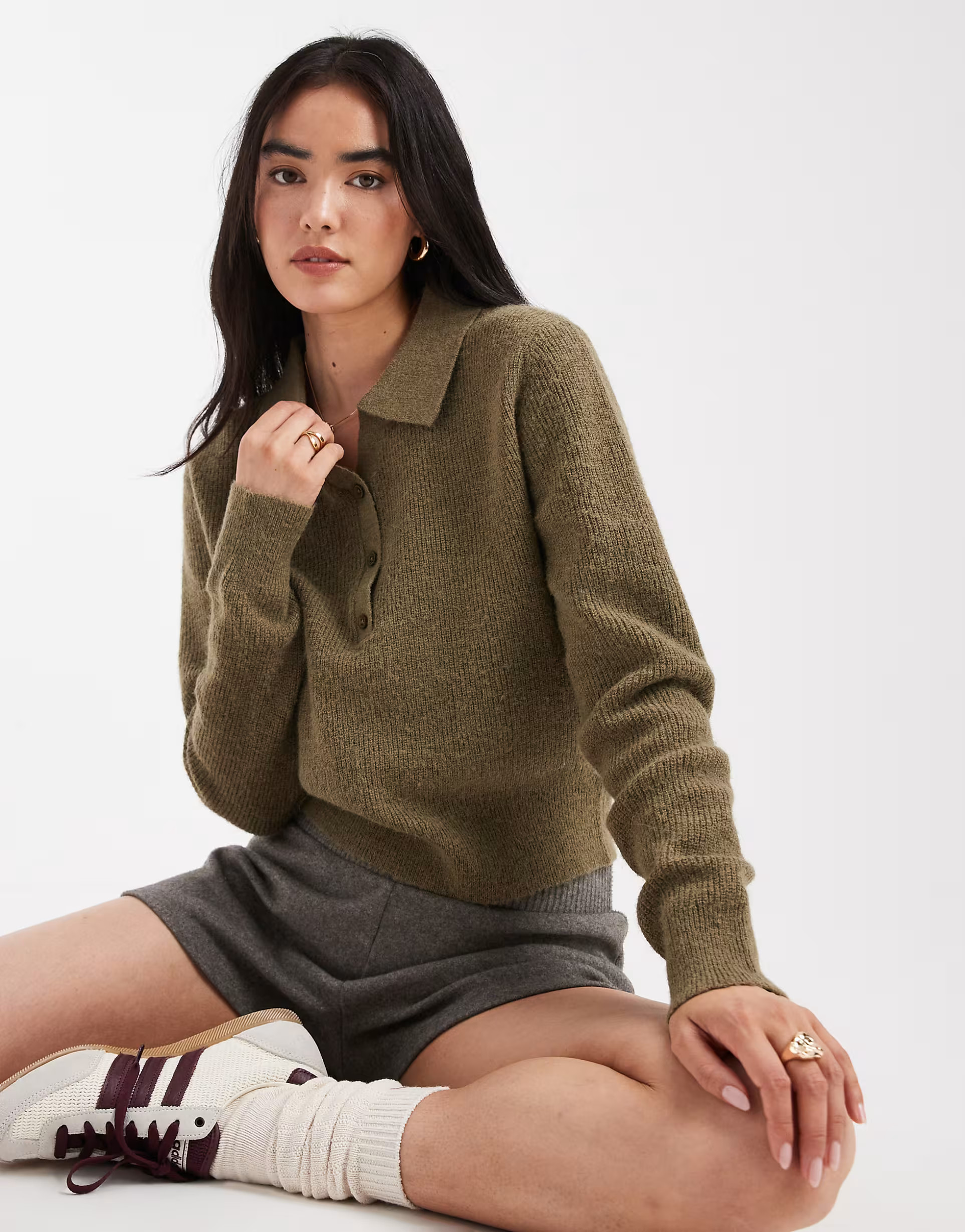 ASOS DESIGN knit relaxed collar henley sweater in olive | ASOS (Global)