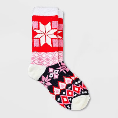 Women's Quilt Block Double Lined Cozy Crew Socks - A New Day™ Navy/Pink/Orange 4-10 | Target