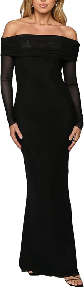 BORIFLORS Women's Elegant Off The Shoulder Bodycon Long Sleeve Maxi Dress Mesh Cocktail Party Wed... | Amazon (US)