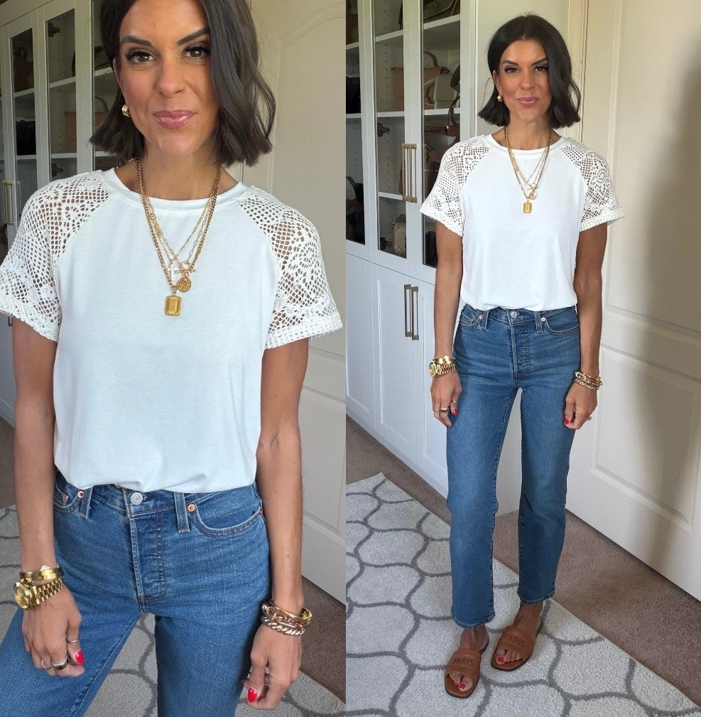 Size small in top, jeans size 26 (sized up one)

#LTKdayinmylife #LTKSeasonal #LTKootd