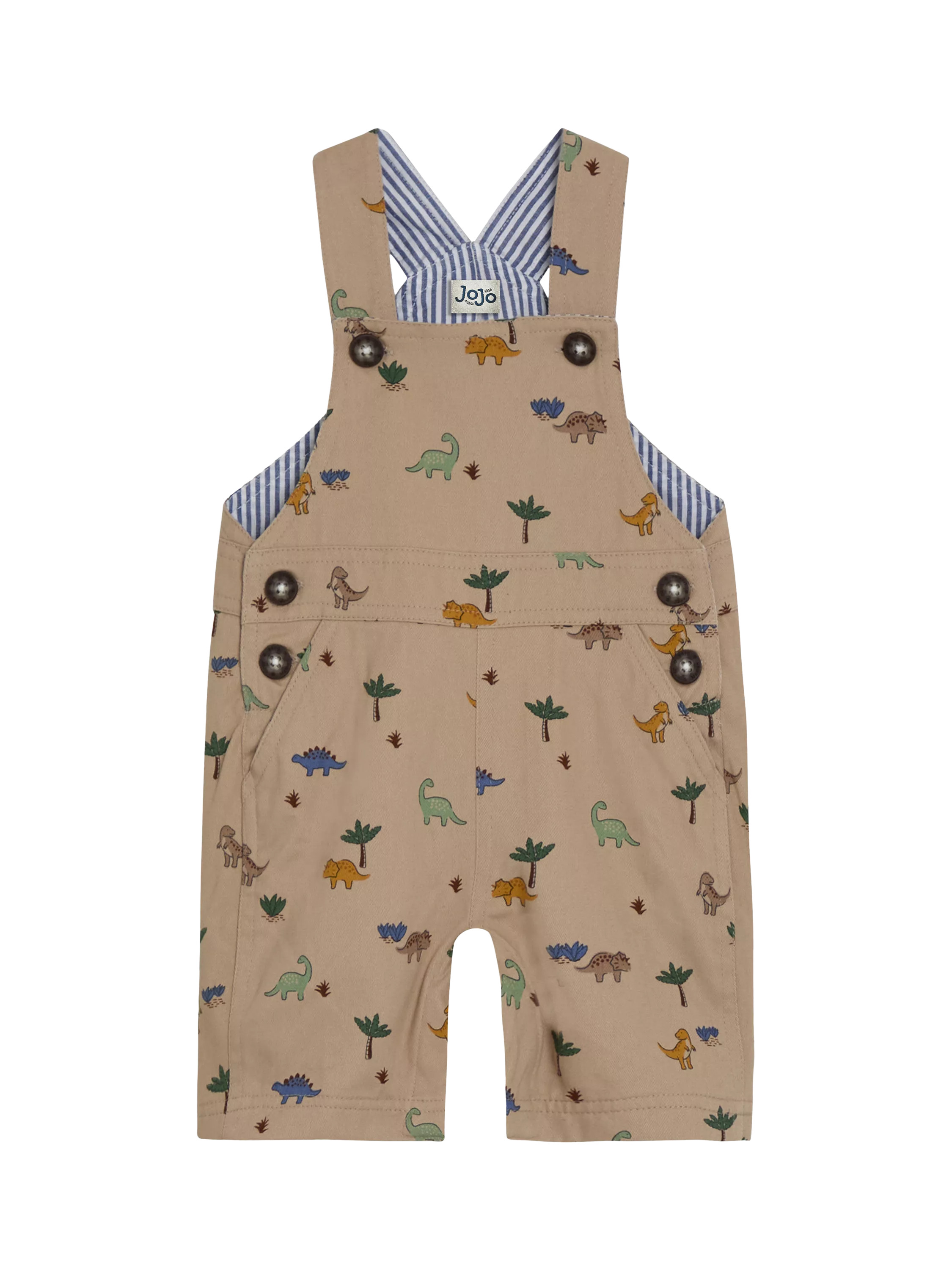 JoJo Maman Bébé Baby Cotton Twill Dinosaur Print Dungarees, Stone | John Lewis (UK)