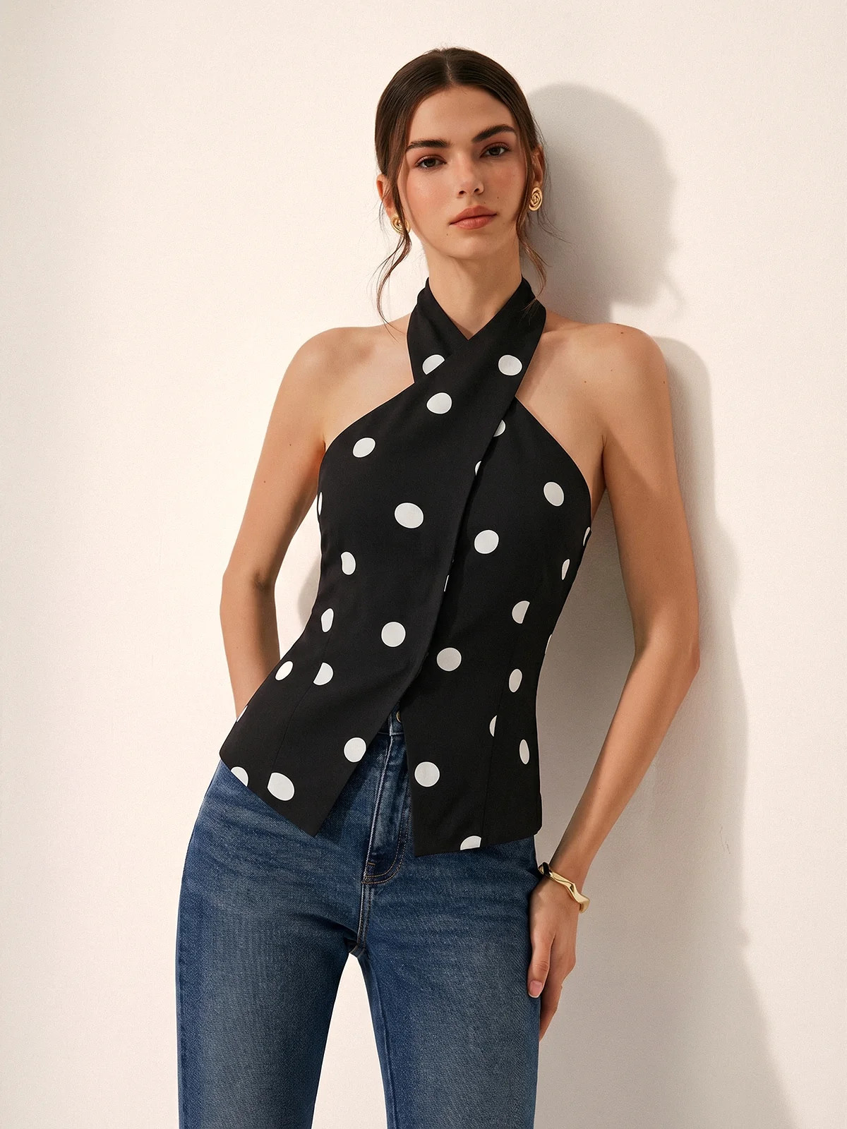 Polka Dot Crisscross Halter Tank Top | Commense