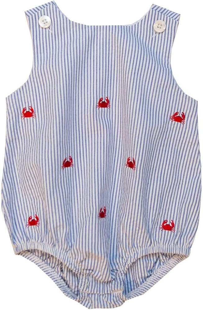 Good Lad Newborn Boy Blue Seersucker Romper with Crab Embroideries | Amazon (US)