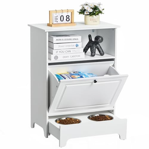 VEVOR Pet Feeding Station with 2 Elevated Dog Bowls, Raised Dog Bowls Stand with Storage, Food Cabinet with Hidden Pull-Out Bowl, Feeder Station, Pet Toy Storage Organizer for Dogs Cats, White | Amazon (US)