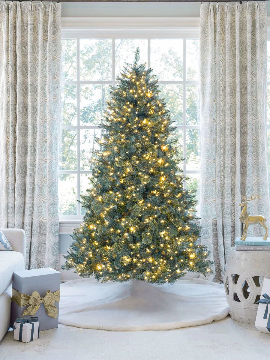 8' Tribeca Spruce Blue Artificial Christmas Tree with 650 Warm White LED Lights | King of Christmas