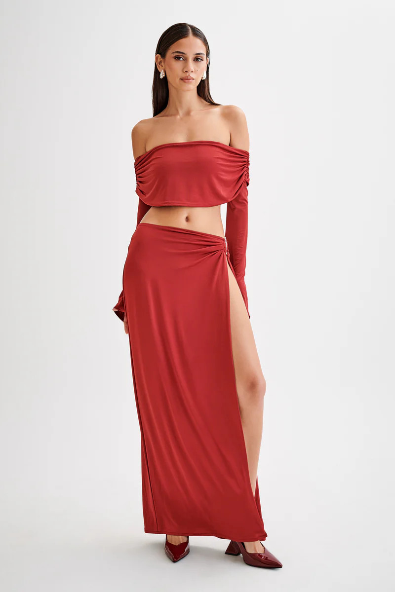 Suri Slinky Maxi Skirt With Silver Hardware - Cherry Red | MESHKI US