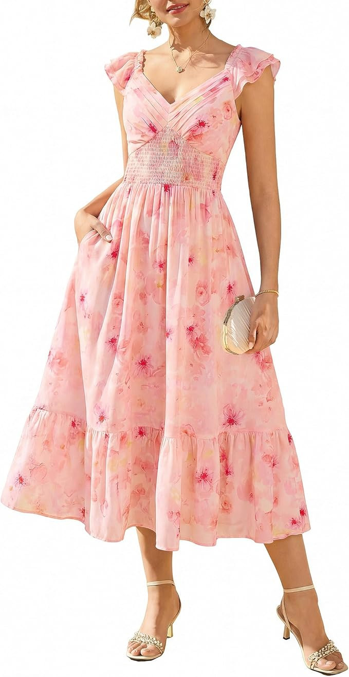 GRACE KARIN Women's Summer Floral Maxi Dress 2026 Ruffle Sleeve Smocked Sundress Flowy Wedding Gu... | Amazon (US)