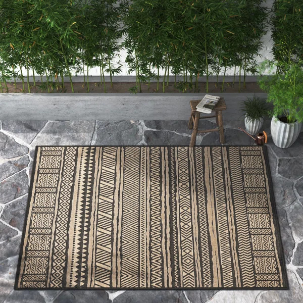 Raya Southwestern Machine Woven / Power Loomed Charcoal/Brown Indoor/Outdoor Patio Rug | Wayfair North America