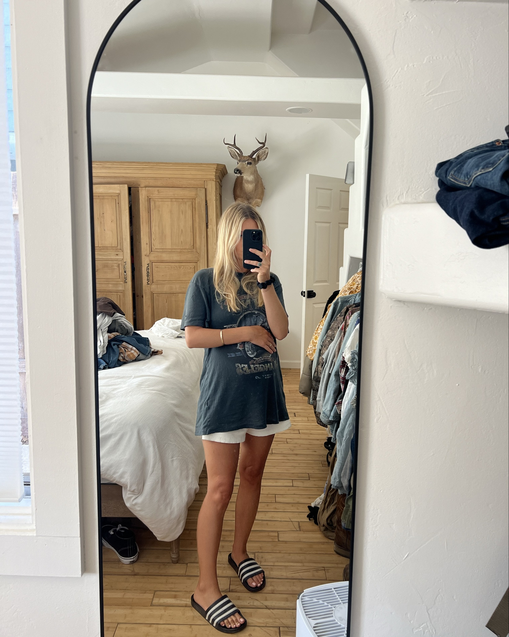 Summer outfit on repeat. This Anine Bing tee is the softest vintage feeling tee, fits perfectly over the baby bump. I’m living in this Zara ribbed shorts. I tagged 3 similar pairs. Paired with classic adidas slides. 

#LTKBump #LTKHome #LTKFindsUnder100