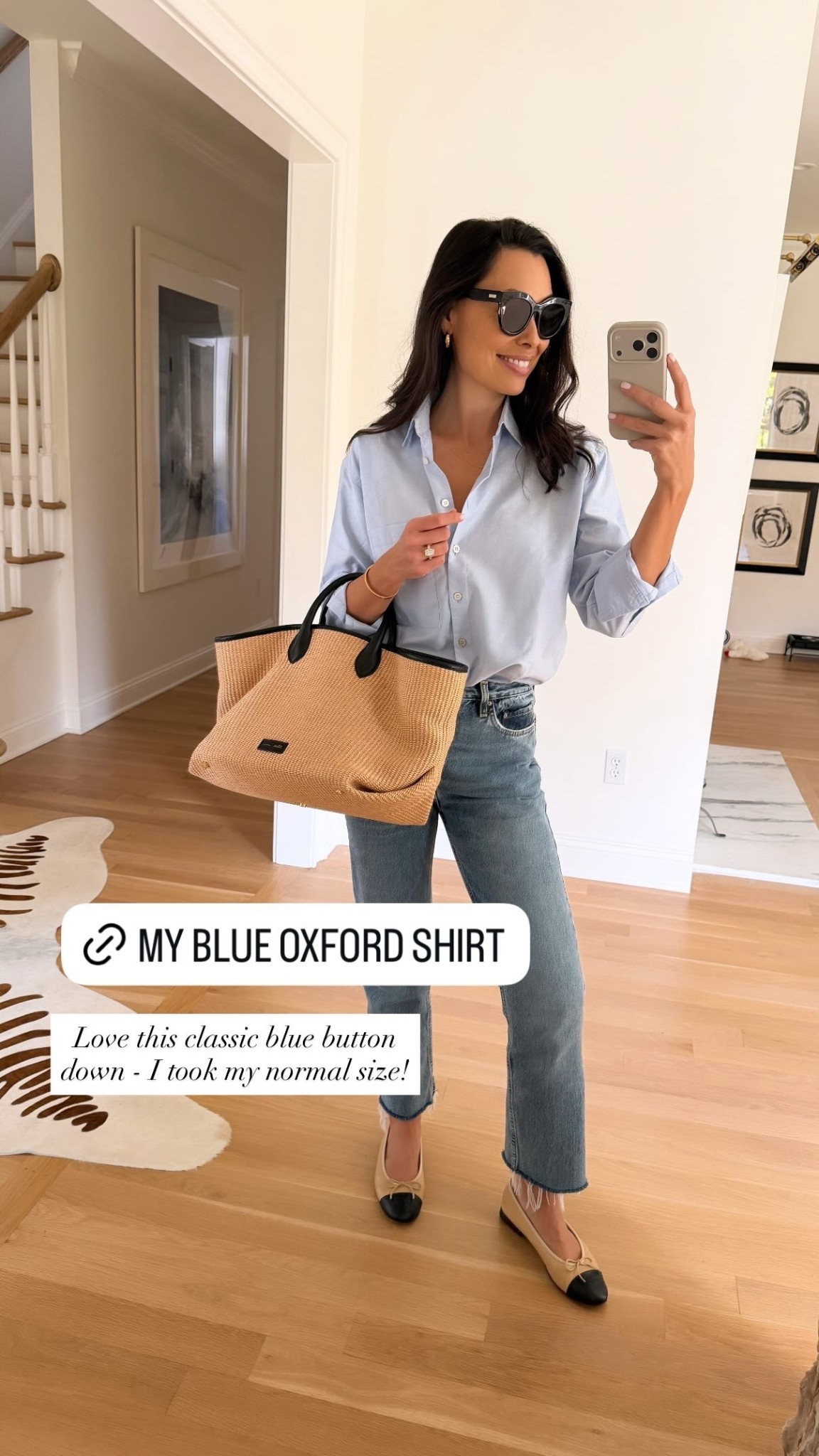 Love this classic blue button down - I took my normal size! Blue jeans, AYR shirt, Toteme denim, Chanel ballet flats, Khaite raffia bag, everyday outfit, Kat Jamieson style. 

#LTKItBag #LTKShoeCrush #LTKSeasonal