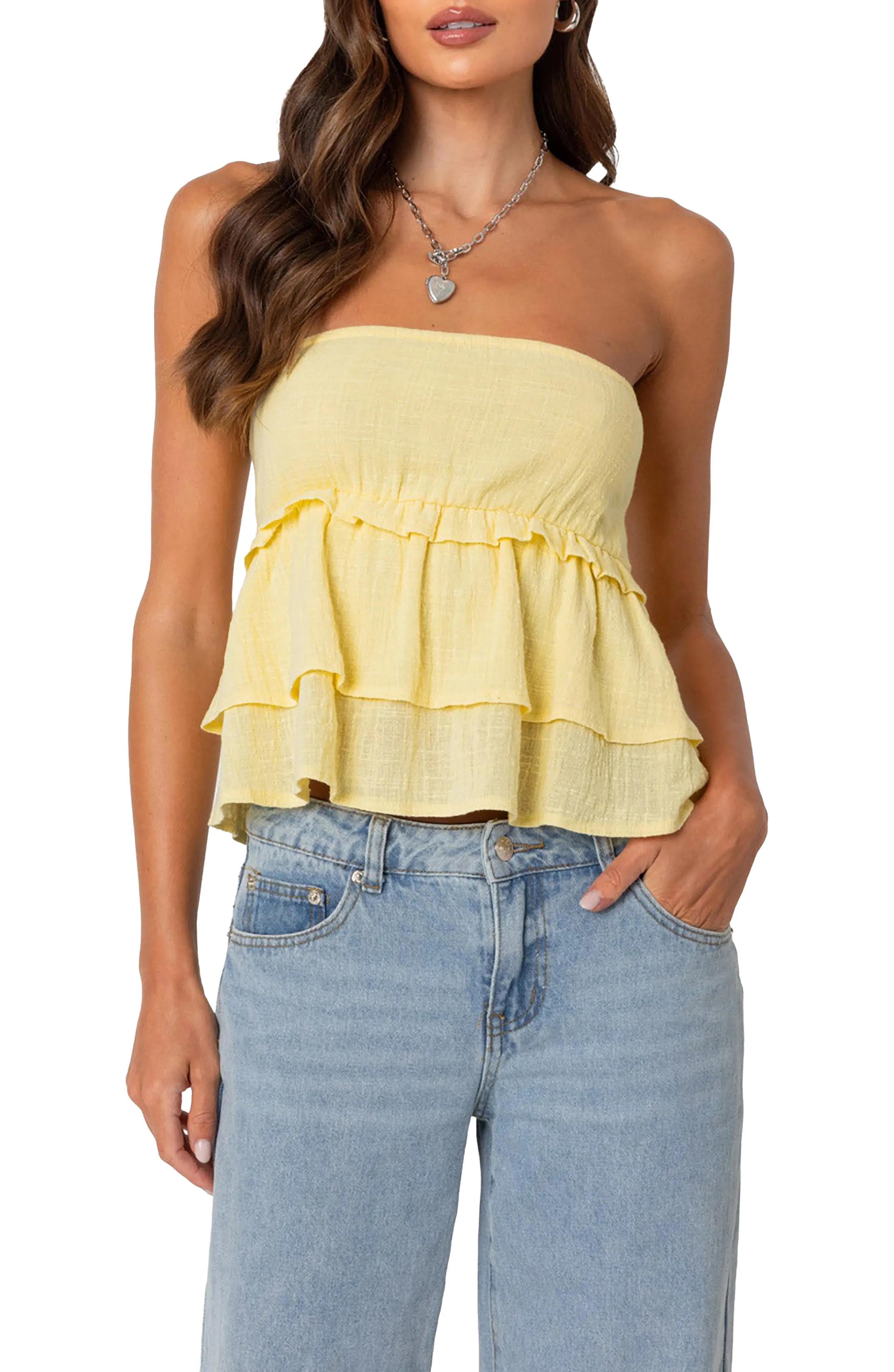 EDIKTED Smocked Ruffle Strapless Top (Women) | Nordstrom | Nordstrom