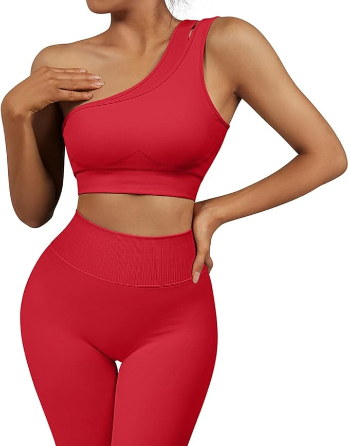 OMKAGI Workout Set for Women 2 Piece Seamless One Shoulder Sports Bra Scrunch Butt Lifting leggin... | Amazon (US)