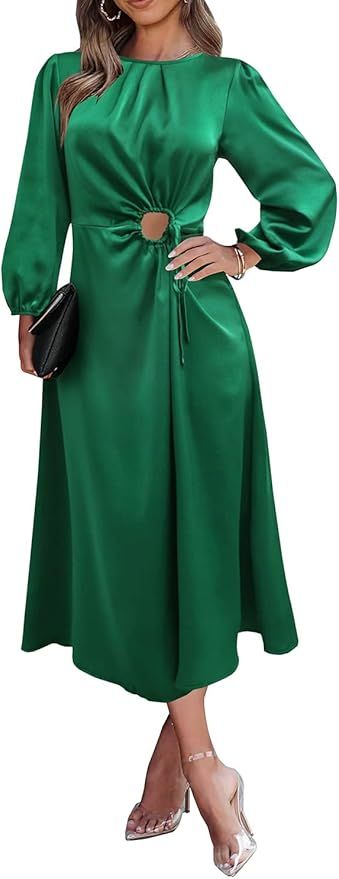 PRETTYGARDEN Women's 2022 Satin Fall Maxi Dress Puff Sleeve Crewneck Cutout Casual A-line Long Fl... | Amazon (US)